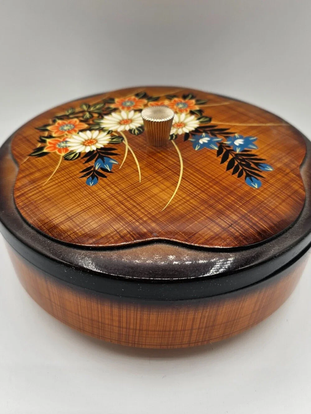 Vintage Asian Lacquerware Lidded Bowl Floral Vase Motif Trinket Storage Box